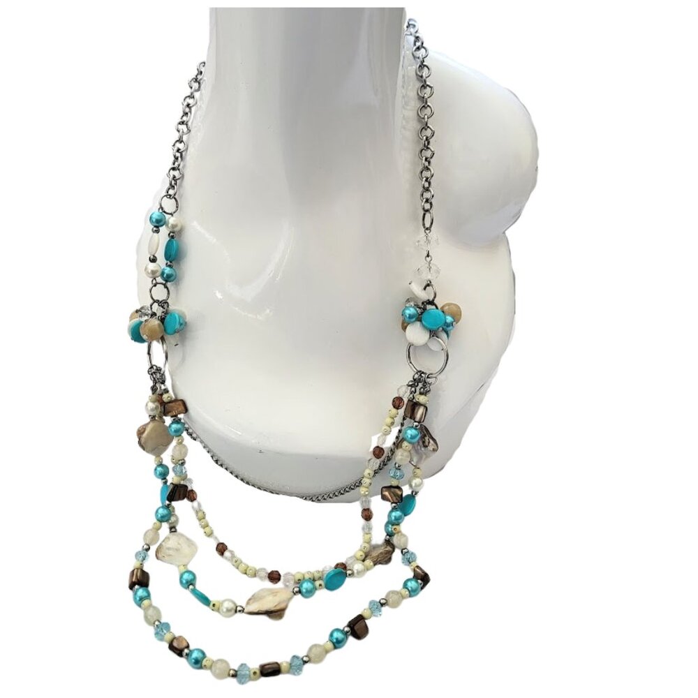 Mother Of Pearl Blue & White Beaded Oyster Shell Necklace 16"
